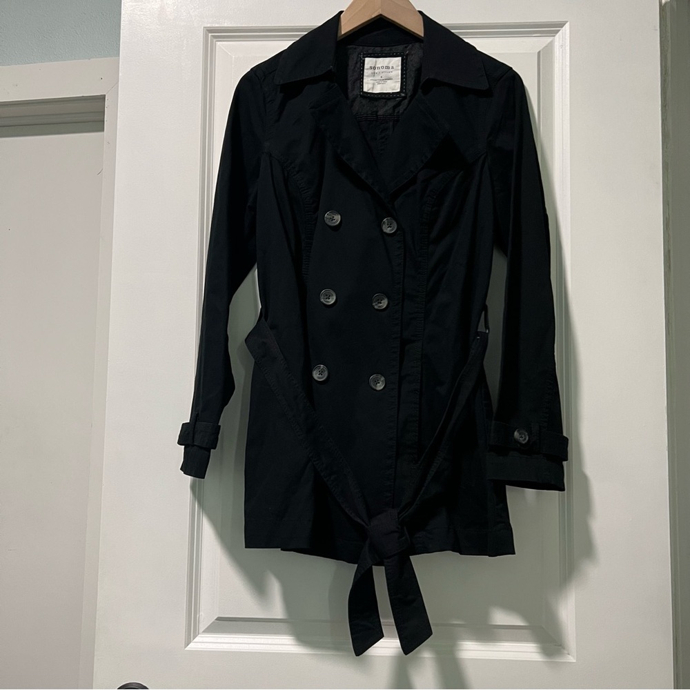 Sonoma Life + Style Black Trench Coat Size Small Cotton Blend Mid Length
